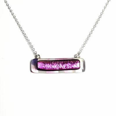 Dichroic fuchsia pink on striped fused glass bar necklace