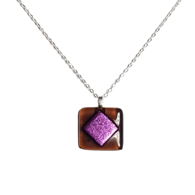 Dichroic purple diamond fused glass pendant necklace