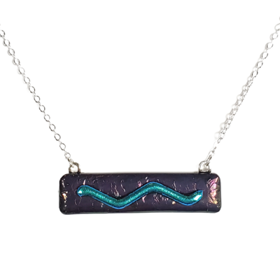 Dichroic teal wave on metallic black fused glass bar necklace
