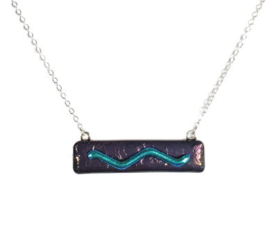 Dichroic Teal Wave on Metallic Black Fused Glass Bar Necklace