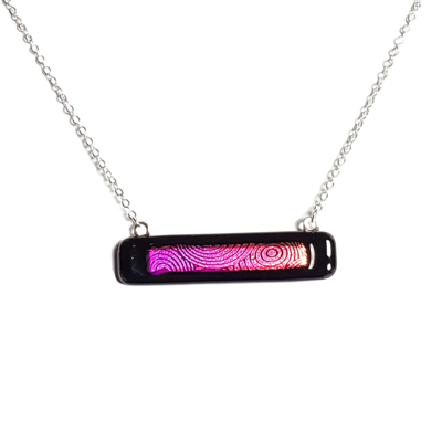 Dichroic pink circles on black fused glass bar necklace