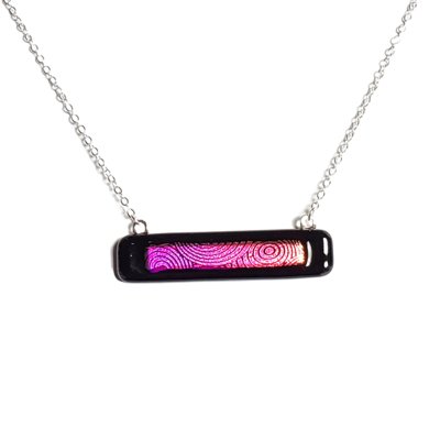 Dichroic Pink Circles on Black Fused Glass Bar Necklace