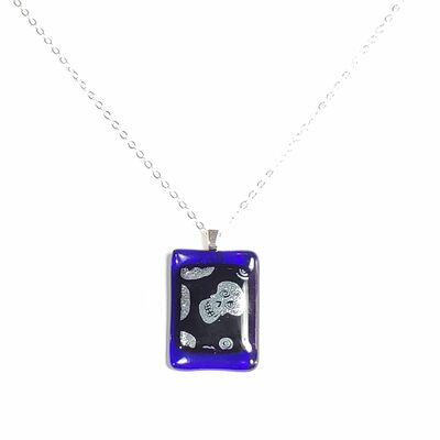 Dichroic silver skulls on cobalt blue fused glass pendant necklace