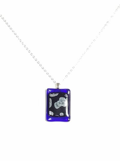 Dichroic Silver Skulls on Cobalt Blue Fused Glass Pendant Necklace