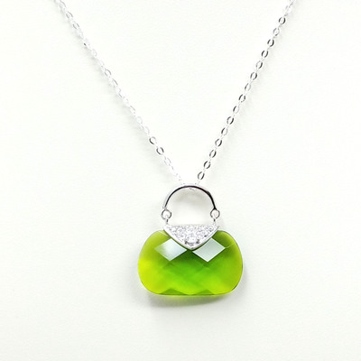 Sterling silver peridot green glass with cubic zirconia purse necklace