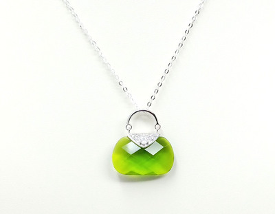 Sterling Silver Peridot Green Glass with Cubic Zirconia Purse Necklace