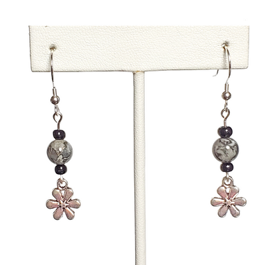 Gray Crazy Lace Agate and Flower Earrings