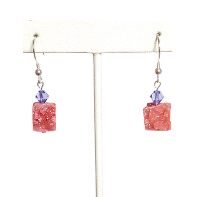 Pink druzy and purple blue crystal earrings