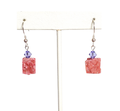 Pink Druzy and Purple Blue Crystal Earrings