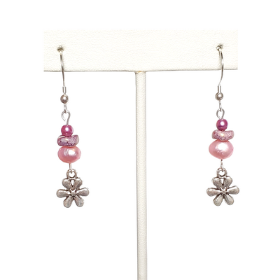 Pink pearl, purple pressed glass, and flower charm earrings