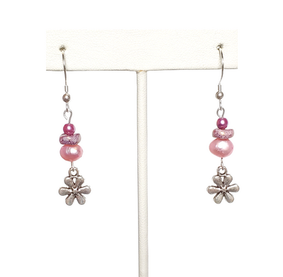 Pink Pearl, Purple Pressed Glass, and Flower Charm Earrings