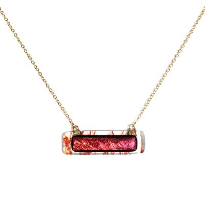 Dichroic red on red stringer and clear fused glass bar necklace