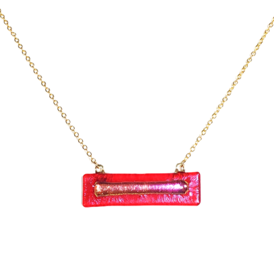 Pink dichroic on red transparent fused glass bar necklace