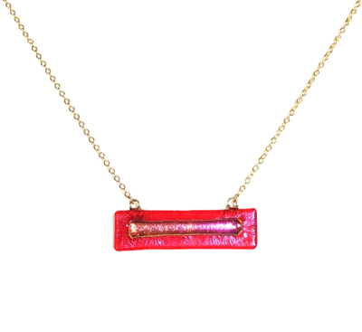 Pink Dichroic on Red Transparent Fused Glass Bar Necklace