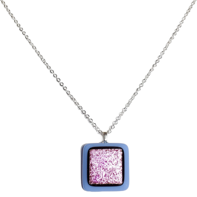 Dichroic pink on blue fused glass pendant necklace