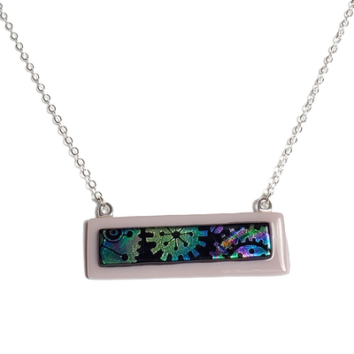 Dichroic mechanical gears on lavender fused glass bar necklace