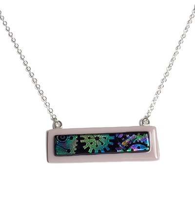 Dichroic Mechanical Gears on Lavender Fused Glass Bar Necklace