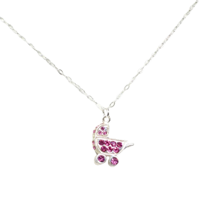 Sterling silver and pink crystal baby carriage necklace