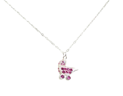 Sterling Silver and Pink Crystal Baby Carriage Necklace