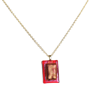 Dichroic dark red on transparent red fused glass pendant necklace