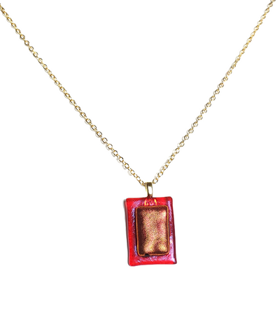 Dichroic Dark Red on Transparent Red Fused Glass Pendant Necklace