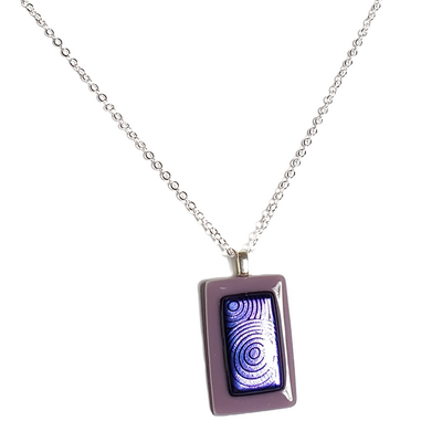 Dichroic blue circles on purple fused glass pendant necklace