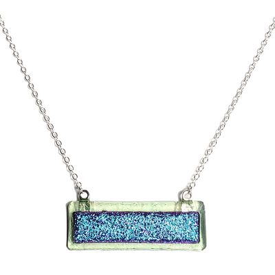 Dichroic blue on transparent green fused glass bar necklace - Thumbnail 1