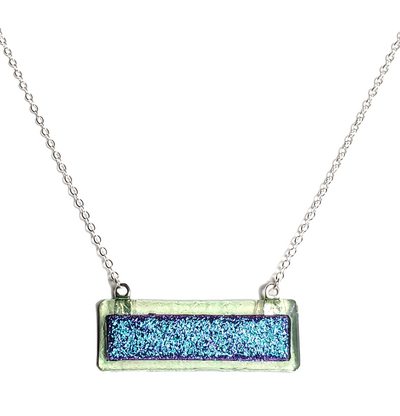 Dichroic Blue on Transparent Green Fused Glass Bar Necklace
