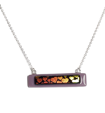 Dichroic Hearts on Purple Fused Glass Bar Necklace