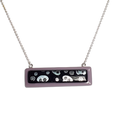 Silver Dichroic Skulls on Purple Fused Glass Bar Necklace