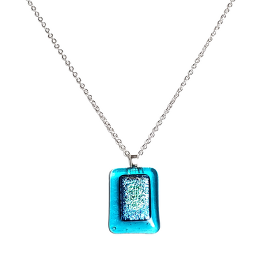 Dichroic blue on transparent blue fused glass pendant necklace - Thumbnail 1