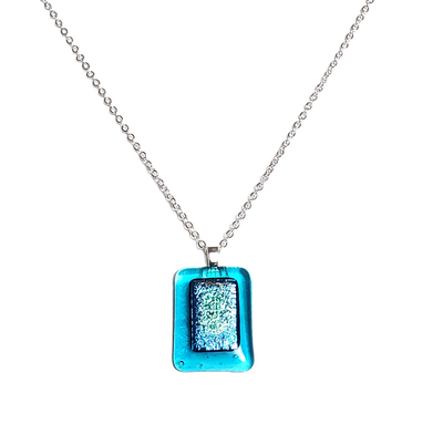Dichroic Blue on Transparent Blue Fused Glass Pendant Necklace