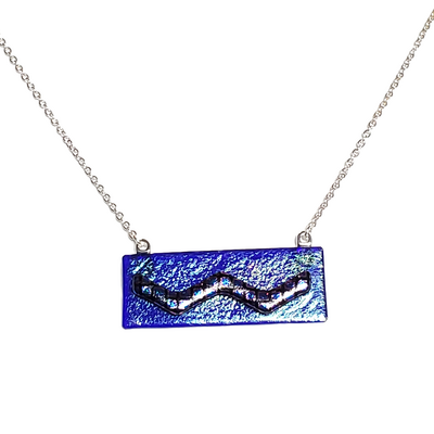 Dichroic plaid wave on iridescent blue fused glass bar necklace - Thumbnail 2