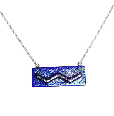 Dichroic Plaid Wave on Iridescent Blue Fused Glass Bar Necklace