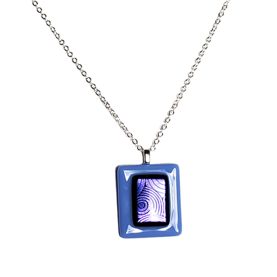 Dichroic purple circles on cobalt blue fused glass pendant necklace - Thumbnail 2