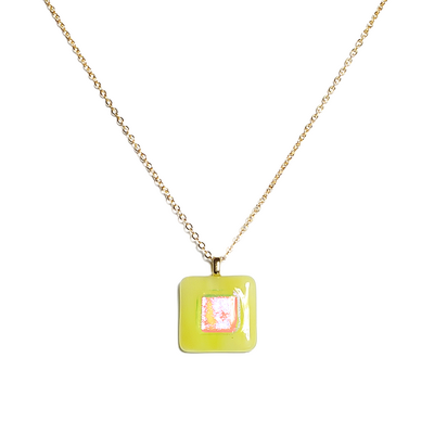 Dichroic pink on yellow fused glass pendant necklace - Thumbnail 2
