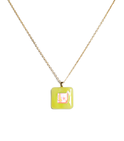 Dichroic Pink on Yellow Fused Glass Pendant Necklace