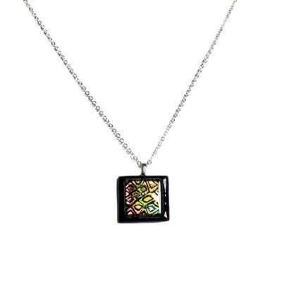 Dichroic rainbow cells on black fused glass pendant necklace - Thumbnail 2