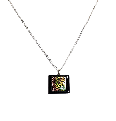 Dichroic Rainbow Cells on Black Fused Glass Pendant Necklace