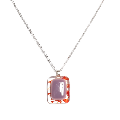 Purple on red stringers fused glass pendant necklace - Thumbnail 2