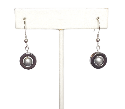 Silver Wood Bead in Metallic Circle Earrings with Sterling Silver Hooks