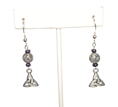 Gray Crazy Lace and Celtic Knot Earrings with Sterling Silver Hooks