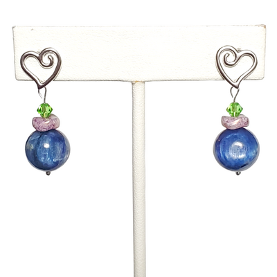 Kyanite, purple, and green beaded earrings with heart studs