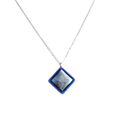 Dichroic geometric on cobalt blue fused glass pendant necklace