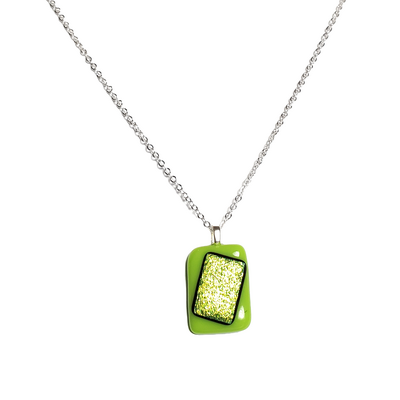 Dichroic green on green fused glass pendant necklace