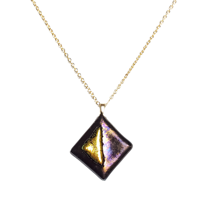 Dichroic gold on metallic black diamond fused glass pendant necklace