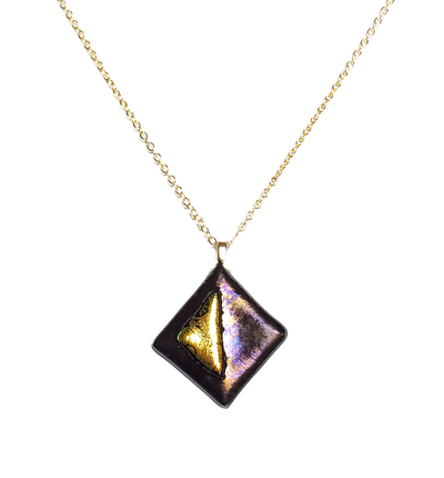 Dichroic Gold on Metallic Black Diamond Fused Glass Pendant Necklace