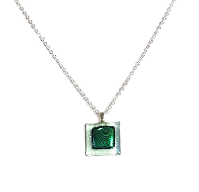 Dainty Dichroic Blue Circles on Transparent Green Fused Glass Pendant Necklace