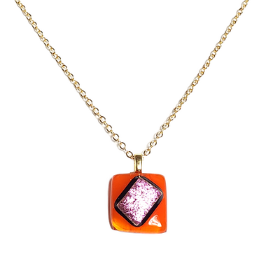 Dainty pink dichroic on orange fused glass pendant necklace