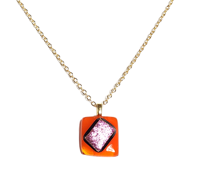 Dainty Pink Dichroic on Orange Fused Glass Pendant Necklace